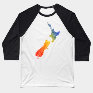 Colorful mandala art map of New Zealand with text in blue, yellow, and red Baseball T-Shirt